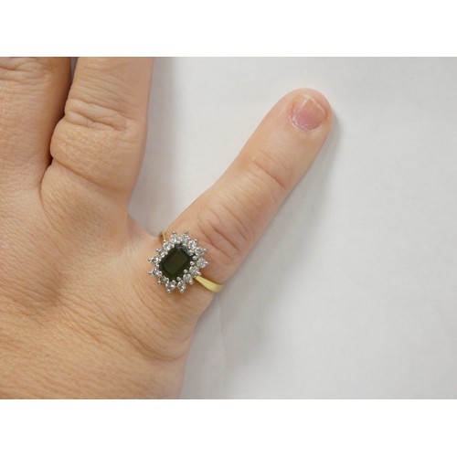 37 - Diamond and tourmaline rectangular cluster ring in 18ct gold. Size 'O'.