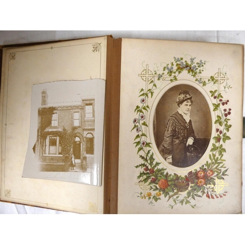 176 - Victorian Photographs.  Well worn leather bound quarto album with some chromolitho pages containing ... 