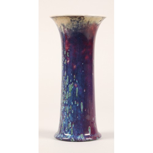 1 - Ruskin Pottery high fired lily vase, the glaze in mottled tones of grey, red and lavender, with impr... 