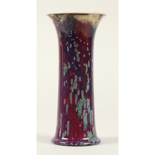 1 - Ruskin Pottery high fired lily vase, the glaze in mottled tones of grey, red and lavender, with impr... 