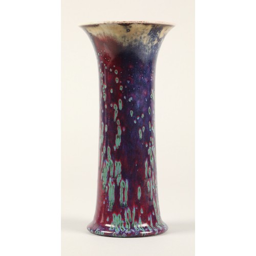 1 - Ruskin Pottery high fired lily vase, the glaze in mottled tones of grey, red and lavender, with impr... 