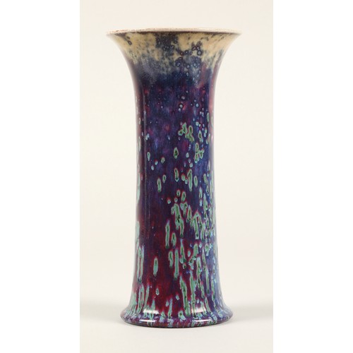 1 - Ruskin Pottery high fired lily vase, the glaze in mottled tones of grey, red and lavender, with impr... 