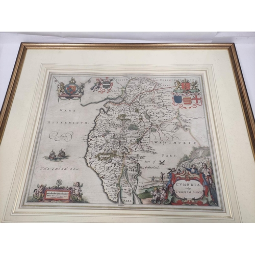 80 - BLAEU JOHANNES.  Cumbria Vulgo Cumberland. Hand col. eng. map. Crests & figural cartouches. 42cm... 