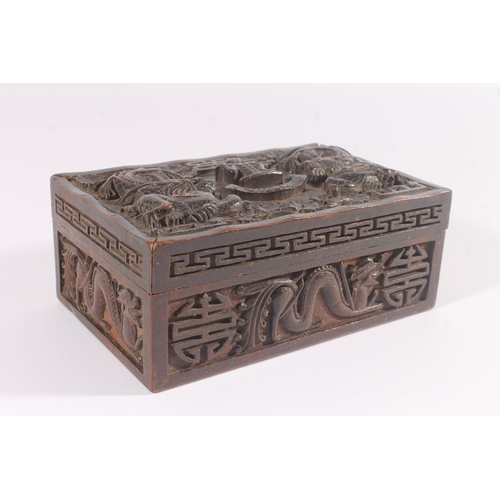 271 - Chinese hardwood deep carved table box, late Qing period, the hinged cover carved with dragons aroun... 