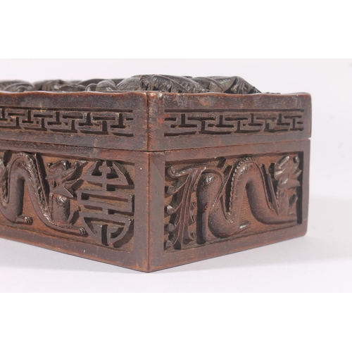 271 - Chinese hardwood deep carved table box, late Qing period, the hinged cover carved with dragons aroun... 