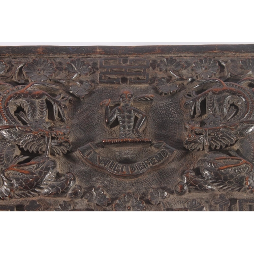 271 - Chinese hardwood deep carved table box, late Qing period, the hinged cover carved with dragons aroun... 