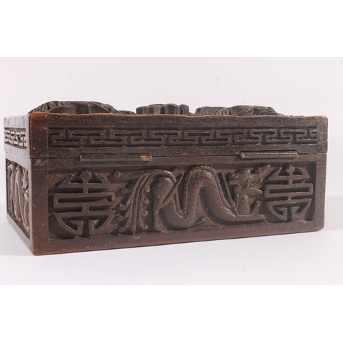 271 - Chinese hardwood deep carved table box, late Qing period, the hinged cover carved with dragons aroun... 