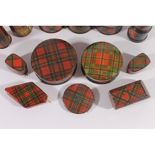 272 - Late Victorian treen Tartan Ware, incl. six napkin rings, spool holder, thimble case, pin cushion et... 