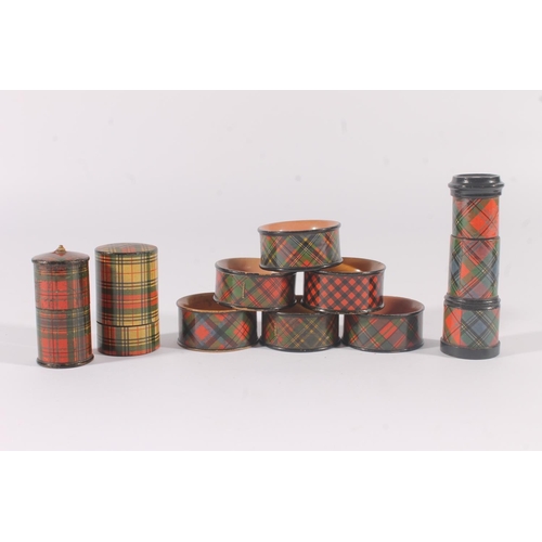 272 - Late Victorian treen Tartan Ware, incl. six napkin rings, spool holder, thimble case, pin cushion et... 