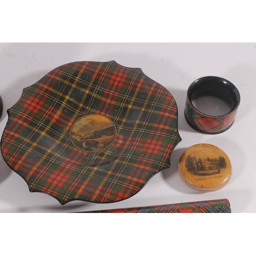 273 - Late Victorian treen Tartan Ware, incl. needlecases, stamp boxes, small dish etc. with two Mauchline... 