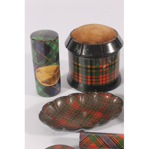 273 - Late Victorian treen Tartan Ware, incl. needlecases, stamp boxes, small dish etc. with two Mauchline... 