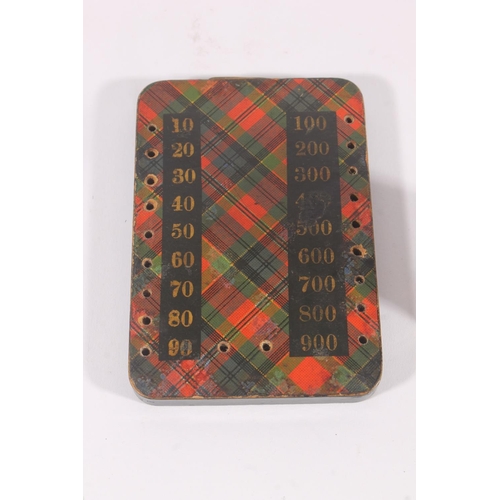 274 - Late Victorian treen Tartan Ware bell shaped box, bezique marker and two spectacles cases (4)