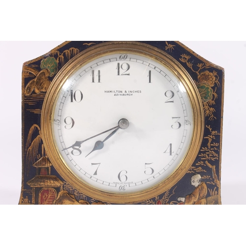 280 - Hamilton and Inches of Edinburgh mantel clock, c1920s, the chinoserie blue and gilt lacquer domed ca... 