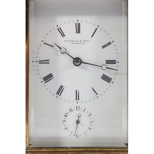 282 - French Joseph Soldano brass carriage clock with alarm, late 19th century, the white dial with Roman ... 