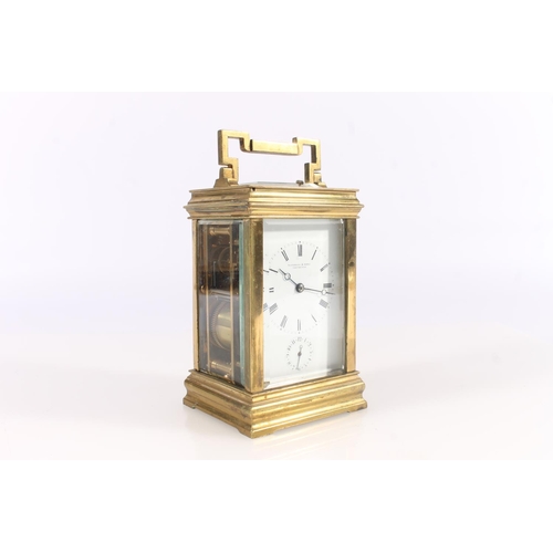 282 - French Joseph Soldano brass carriage clock with alarm, late 19th century, the white dial with Roman ... 