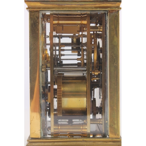 282 - French Joseph Soldano brass carriage clock with alarm, late 19th century, the white dial with Roman ... 