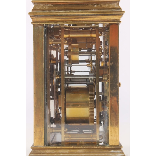 282 - French Joseph Soldano brass carriage clock with alarm, late 19th century, the white dial with Roman ... 