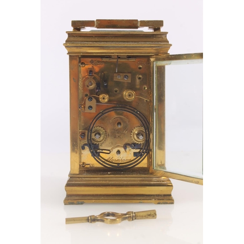 282 - French Joseph Soldano brass carriage clock with alarm, late 19th century, the white dial with Roman ... 