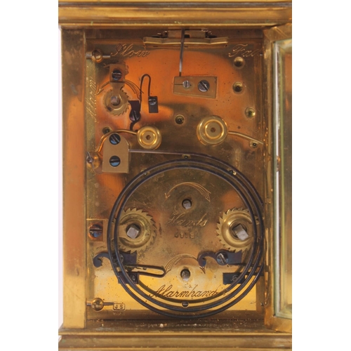 282 - French Joseph Soldano brass carriage clock with alarm, late 19th century, the white dial with Roman ... 