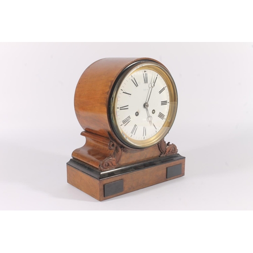 284 - Victorian Walnut and Ebony mantel clock, the drum head white enamel dial marked Dent within roman nu... 