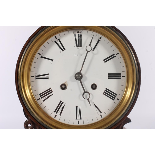 284 - Victorian Walnut and Ebony mantel clock, the drum head white enamel dial marked Dent within roman nu... 