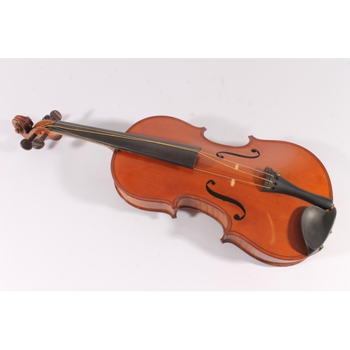 289 - French early 20th century violin, with two piece back and ebonized fretboards, interior label marked... 