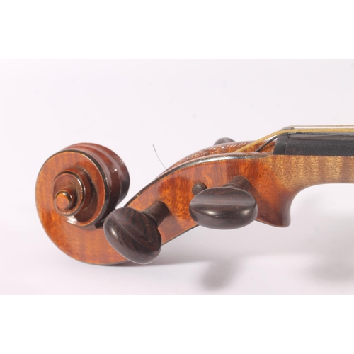 289 - French early 20th century violin, with two piece back and ebonized fretboards, interior label marked... 