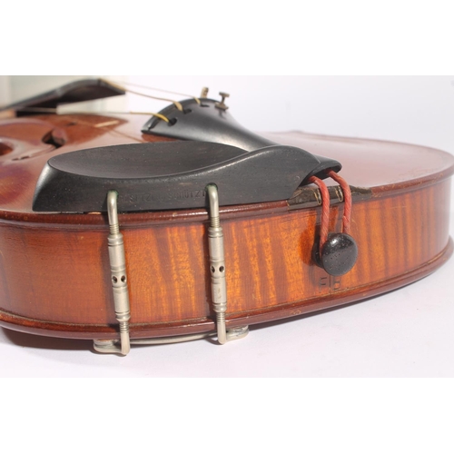 289 - French early 20th century violin, with two piece back and ebonized fretboards, interior label marked... 