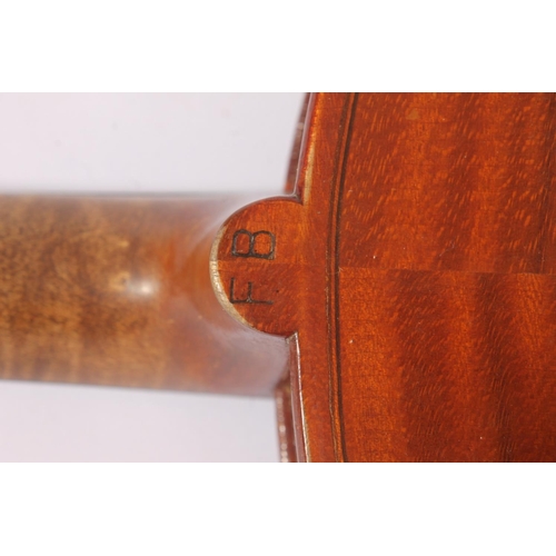 289 - French early 20th century violin, with two piece back and ebonized fretboards, interior label marked... 