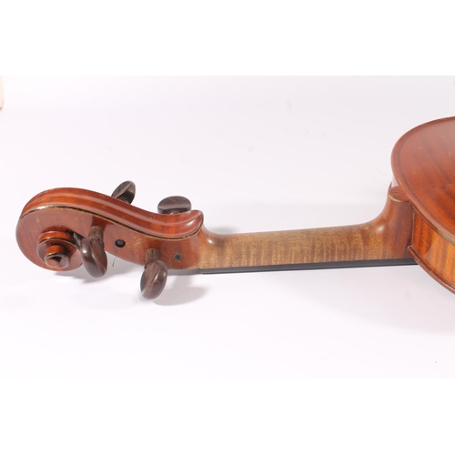 289 - French early 20th century violin, with two piece back and ebonized fretboards, interior label marked... 