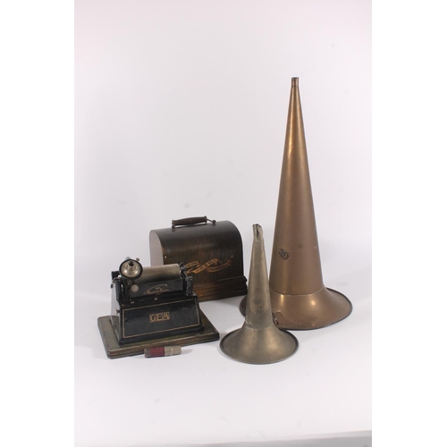 291 - Edison Gem phonograph, early 20th century, in dome top case with Witches Hat type horn.