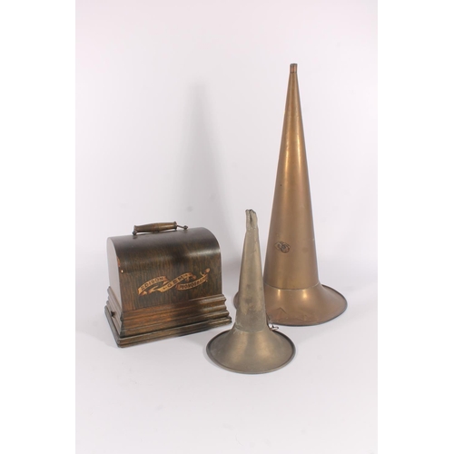 291 - Edison Gem phonograph, early 20th century, in dome top case with Witches Hat type horn.