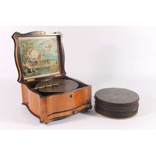 293 - German Polyphon music box, late 19th century, in serpentine walnut case, with approx. 30 metal music... 