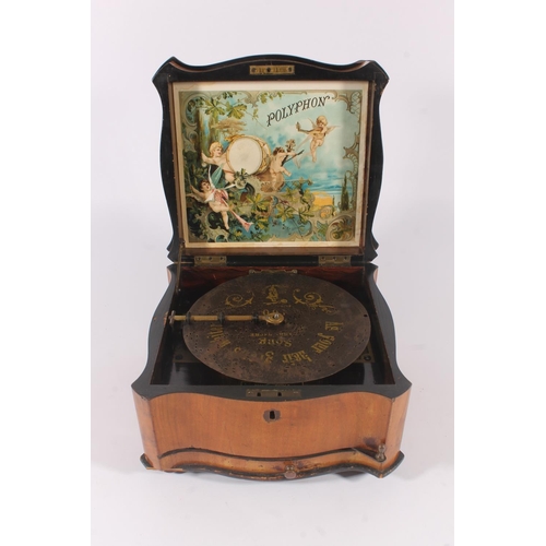 293 - German Polyphon music box, late 19th century, in serpentine walnut case, with approx. 30 metal music... 