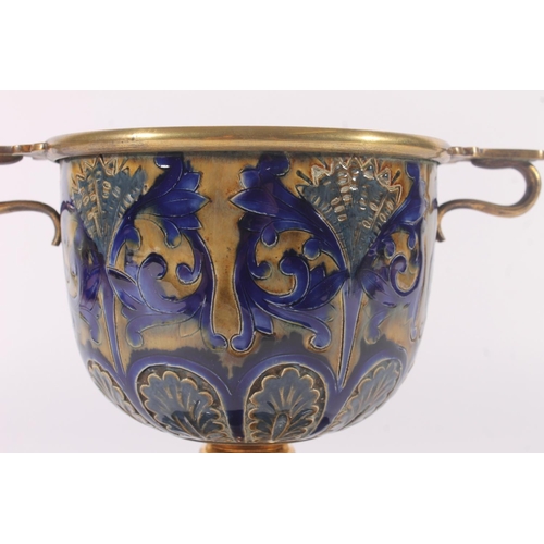 308 - Doulton Lambeth art pottery vase, late 19th century, the brass handles and fitments over a ceramic S... 