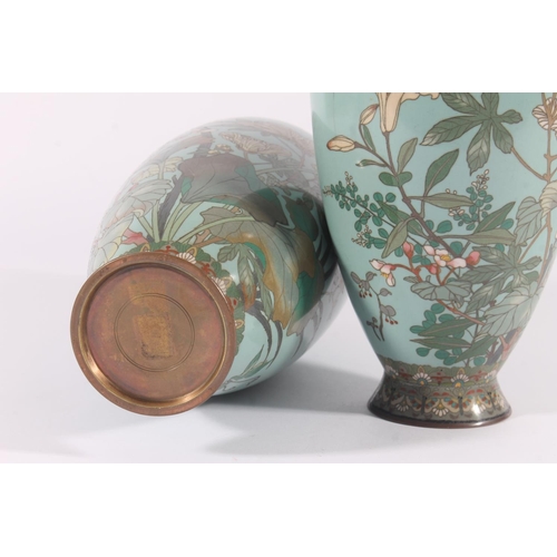 315 - Pair of Japanese cloisonne vases, late Meiji period, of ovoid form decorated with polychrome foliate... 