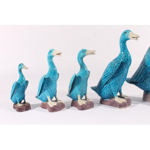 318 - Chinese export porcelain duck family group, post Republic period, the figures in turquoise and cream... 