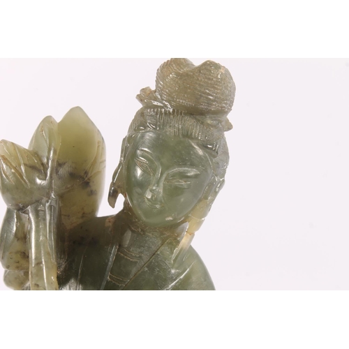 323 - Chinese spinach jade figurine of an attendant, H23cm.