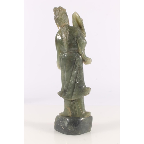 323 - Chinese spinach jade figurine of an attendant, H23cm.