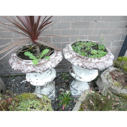 465 - Pair of antique painted glazed stoneware garden urns. Height 62cm, Diameter 44cm. (2)