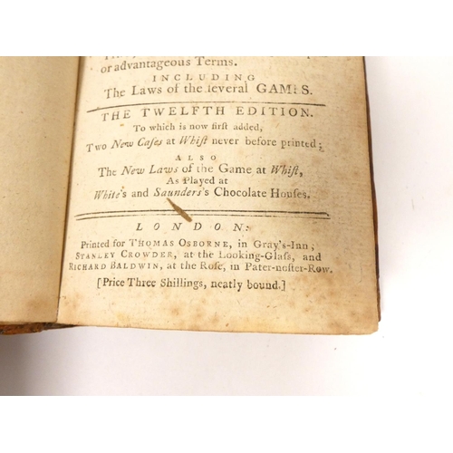 241 - HOYLE MR.  Games of Whist, Quadrille, Piquet, Chess & Back Gammon. 12mo. Rebacked leather. 12th ... 