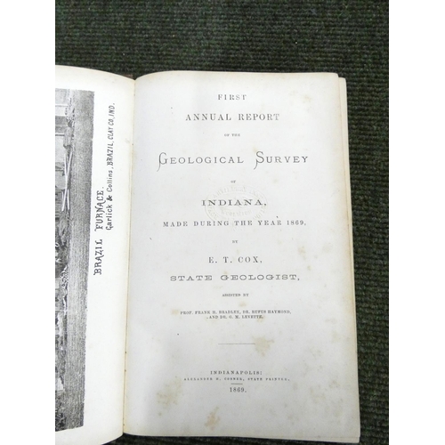 265 - COX E. T.  First Annual Report of the Geological Survey of Indiana. Eng. frontis. Orig. cl... 