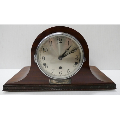 72 - Late 19th century American eight hour mantel clock of lancet form, twin train dial, 39cm high, and t... 