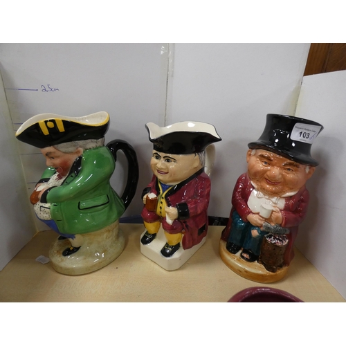 103 - Three glazed ceramic toby jugs to include 'Erbert', 'Appy Day' and another smaller example, other to... 