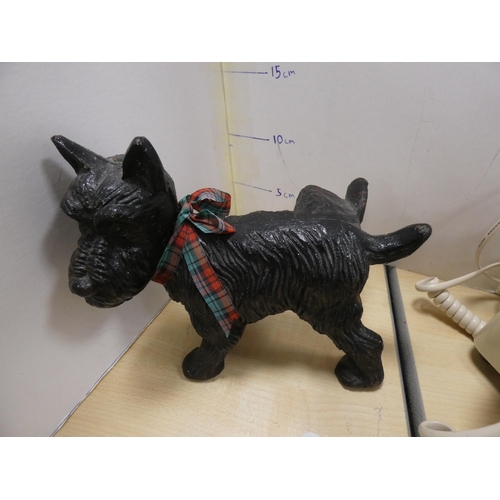 105 - Telephone, cast metal Scottie dog door stop, two Victorian cabinet cups, and an unsigned coloured dr... 