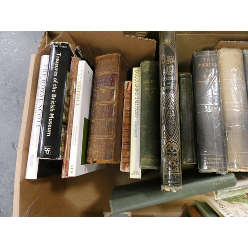 117 - Two cartons of books to include local interest and Scotland to include The Parish of Urr, printed by... 