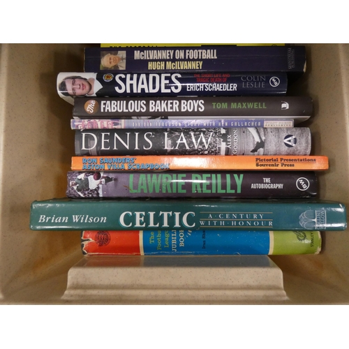 127 - Two cartons containing books to include Scottish football interest, Denis Law, Celtic, Hibernian etc... 