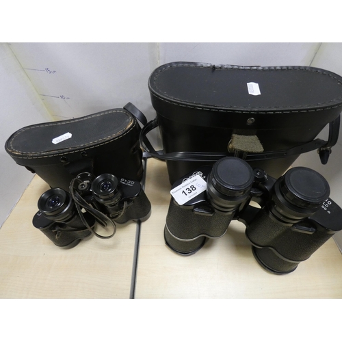 138 - Pair of Noblesse 7x50 binoculars, another pair, Lumix 8x30, two hotel plate teapots and a small lamp... 