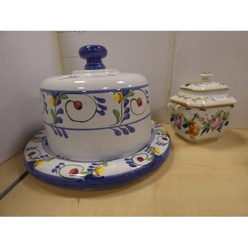 141 - Mexican stoneware cheese dish and cover, bowl and a collection of glass ice dishes.