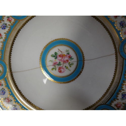 149 - Set of six porcelain fruit plates, c. early 20th century, decorated with floral reserves on a turquo... 